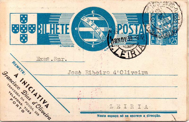 0410.jpg -     Lote:    410                   Descrição:         1935 &mdash; Tudo pela Nação. OM81, $25, azul. Lote de seis inteiros circulados, repicados por: JOSÉ MOREIRA DE BESSA, UNIÃO COMERCIAL, COMPANHIA PORTUGUESA DE TABACOS, A INICIATIVA, COSTA & MOREIRA e J. M. FERNANDES GUIMARÃES.        IC       Valor Base:     &euro; 20,00     Valor Venda:     &euro;      