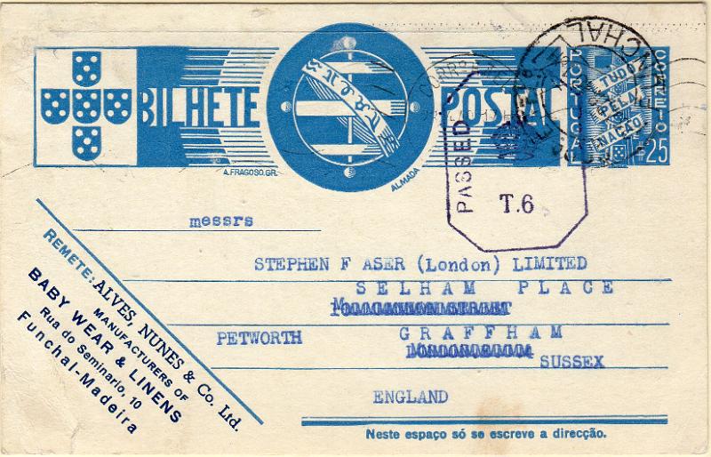 0411.jpg -     Lote:    411                   Descrição:         1936/39 &mdash; Tudo pela Nação. OM83, $25 azul-cinzento claro. Circulado do Funchal (22.04.40) para Inglaterra. Censurado. Repicado por "ALVES, NUNES & Co. Ltd".        IC       Valor Base:     &euro; 22,00     Valor Venda:     &euro;      
