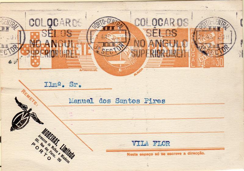 0412.jpg -     Lote:    412                   Descrição:         194&frac14;2 &mdash; Tudo pela Nação. OM94, $30 ocre. Circulado do Porto (21.04.42) para Vila Flor. Repicado por MOREIRAS, LDA.        IC       Valor Base:     &euro; 12,00     Valor Venda:     &euro;      