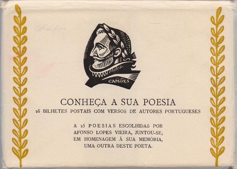0414.jpg -     Lote:    414                   Descrição:         1948 &mdash; Série "Conheça a sua Poesia". Selo tipo "Camões". OM110, $30. "Poesia". Preto (composição amarelo castanho). Série completa com 26 inteiros muito bem conservados, na embalagem original. MB e MR.        IN       Valor Base:     &euro; 30,00     Valor Venda:     &euro;      