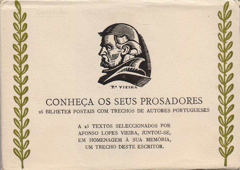 0415.jpg -     Lote:    415                   Descrição:         1948 &mdash; Série "Conheça os seus Prosadores". Selo tipo "Padre Vieira". OM111, $30. "Prosadores". Preto (composição verde azeitona). Série completa com 26 inteiros muito bem conservados, na embalagem original. MB e MR.        IN       Valor Base:     &euro; 30,00     Valor Venda:     &euro;      