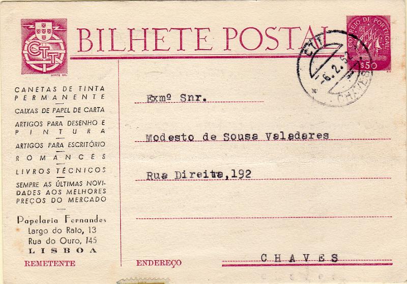 0418.jpg -     Lote:    418                   Descrição:         1949/50 &mdash; Caravela. OM116, $50 lilás-rosa escuro. Circulado de Lisboa para Chaves (06.02.52). Seldo no verso com estampilha de 0$10. Repicado por PAPELARIA FERNANDES.        IC       Valor Base:     &euro; 10,00     Valor Venda:     &euro;      