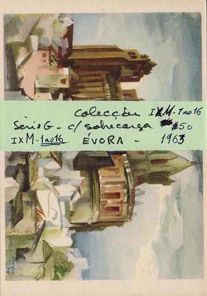 0419.jpg -     Lote:    419                   Descrição:         1953 &mdash; Série G. Selo tipo "Caravela". Ilustrados no verso com monumentos de Évora. OM124, $50 Lilás-rosa. Coleção completa relativa a Évora (IX M1 / IX M16). Muito bem conservados. R.        IN       Valor Base:     &euro; 75,00     Valor Venda:     &euro;      