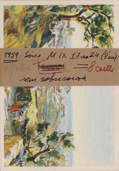 0420.jpg -     Lote:    420                   Descrição:         1958 &mdash; Série G. Selo tipo "Cavaleiro Medieval". Ilustrados no verso com aspetos da cidade de Portalegre. OM142, $50 preto e cinzento. Série completa muito bem conservada. MB e MR.        IN       Valor Base:     &euro; 150,00     Valor Venda:     &euro;      