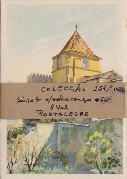 0421.jpg -     Lote:    421                   Descrição:         1963 &mdash; Série G. Selo tipo "Cavaleiro Medieval". Ilustrados no verso com aspetos da cidade de Portalegre, com sobretaxa preta na margem inferior. OM154, ($50) s/ $50 preto e cinzento. Série completa muito bem conservada. MB e MR.        IN       Valor Base:     &euro; 100,00     Valor Venda:     &euro;      