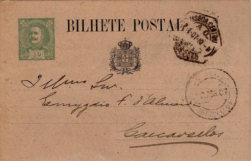 0422.jpg -     Lote:    422                   Descrição:         1903 &mdash; D. Carlos I Mouchon. Bilhetes-Postais Particulares. OM1 (A &mdash; Banco de Portugal), 10 reis verde-escuro. Circulado de Lisboa (17.04.07) para Carcavelos (18.04.07).        IC       Valor Base:     &euro; 50,00     Valor Venda:     &euro;      