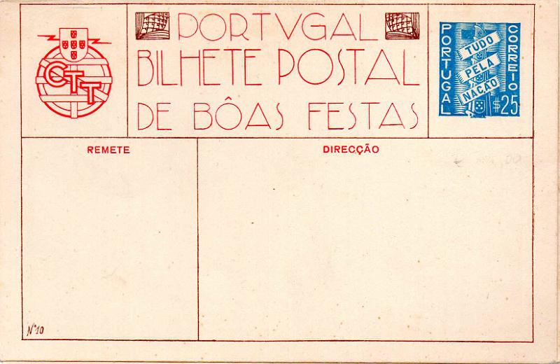 0427.jpg -     Lote:    427                   Descrição:         1941 &mdash; 2.ª Guerra Mundial. Forças Mobilizadas. Bilhetes Postais de Boas Festas da emissão de 1939, com sobrecarga vermelha "NATAL DO EXPEDICIONÁRIO &mdash; 1941 / TODOS NÃO SOMOS MUITOS PARA CONTINUAR PORTUGAL". Tipo aspas baixas. OM FM1 ($25) azul claro, n.º 10 &mdash; pinhas. Novo.        IN       Valor Base:     &euro; 15,00     Valor Venda:     &euro;      
