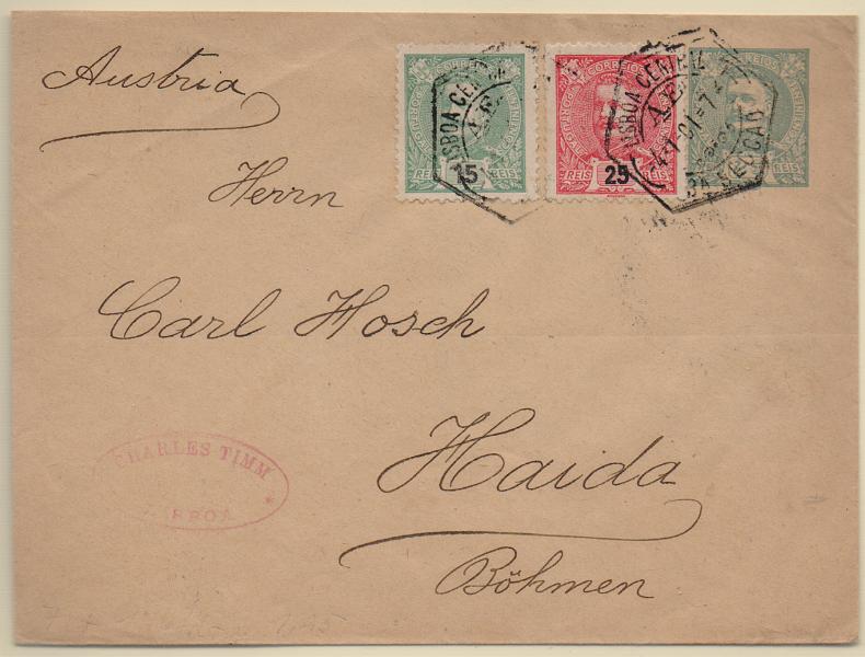 0432.jpg -     Lote:    432                   Descrição:         1896 &mdash; D. Carlos I Mouchon. Sobrescritos. OM5, 25 reis verde. Circulado de Lisboa (04.01.01) para Haida / Áustria (09.01.01), com selos adicionais de 15 reis verde e 25 reis carmim CE140/141. MB.        IC       Valor Base:     &euro; 30,00     Valor Venda:     &euro;      