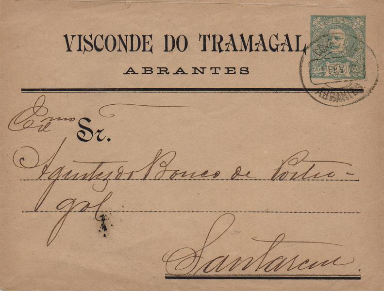 0433.jpg -     Lote:    433                   Descrição:         1896 &mdash; D. Carlos I Mouchon. Sobrescritos. OM5, 25 reis verde, sobre papel camurça. Sobrescrito circulado de Abrantes (01.02.98) para Santarém. Repicado por, "VISCONDE DE TRAMAGAL / ABRANTES". MB.        IC       Valor Base:     &euro; 10,00     Valor Venda:     &euro;      