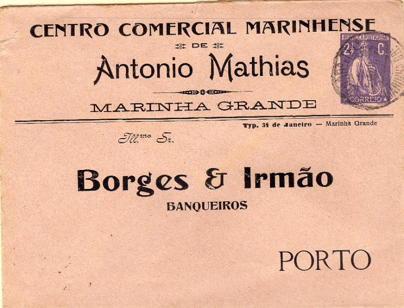 0434.jpg -     Lote:    434                   Descrição:         1912 &mdash; Ceres. Sobrescritos. OM11, 2 &frac12; C violeta. Circulado da Marinha Grande (05.04.17) para o Porto. Repicado pelo "CENTRO COMERCIAL MARINHENSE / DE / ANTONIO MATHIAS". MB.        IC       Valor Base:     &euro; 20,00     Valor Venda:     &euro;      