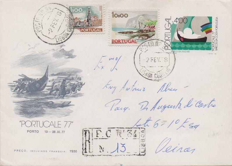 0435.jpg -     Lote:    435                   Descrição:         1977 &mdash; Portucale'77. Sobrescritos. OM13, 4$00. Lote com dois sobrescritos: um circulado registado do Posto Particular n.º 34 (02.02.78) para Oeiras. Carimbo batido a preto "P.C. N.º 34 / LISBOA"; outro circulado de Paço de Arcos para Inglaterra com selo adicional.        IC       Valor Base:     &euro; 20,00     Valor Venda:     &euro;      