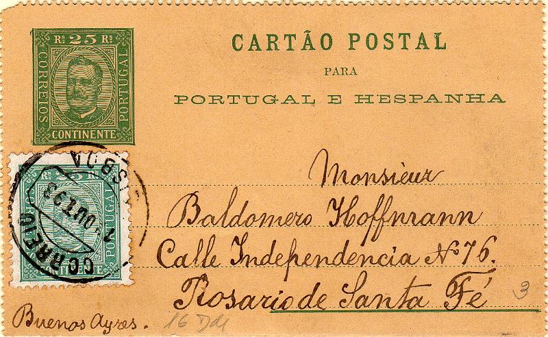 0436.jpg -     Lote:    436                   Descrição:         1892/95 &mdash; D. Carlos I, Diogo Neto. Bilhetes-Cartas. OM3, 25 reis verde. Circulado de Lisboa (14.10.93) para Rosário / Argentina com selo adicional de 25 reis CE70.        IC       Valor Base:     &euro; 20,00     Valor Venda:     &euro;      
