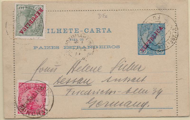 0437.jpg -     Lote:    437                   Descrição:         1910 &mdash; D. Manuel II, com sobrecarga REPUBLICA. Bilhetes-Cartas. OM15, 50 reis azul. Circulado do Funchal (23.08.11) para a Alemanha (26.08.11) com selos adicionais de 10 e 20 reis tipo D. Manuel II, com sobrecarga REPUBLICA CE172 e 174.        IC       Valor Base:     &euro; 15,00     Valor Venda:     &euro;      