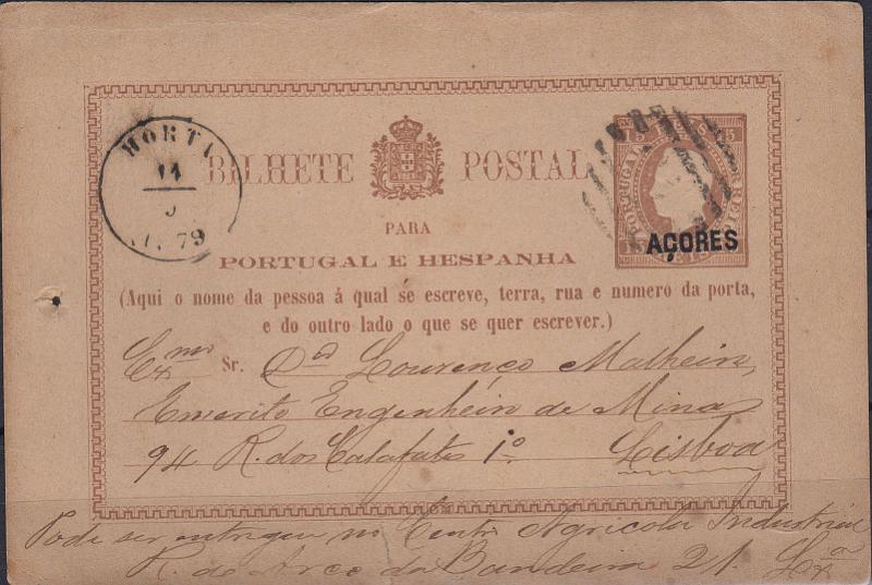 0438.jpg -     Lote:    438                   Descrição:         1878/79 &mdash; D. Luís I. Bilhetes postais do Continente com sobrecarga grande "AÇORES". OM1, 15 reis castanho-vermelho, circulado da Horta (14.05.1879) para Lisboa. Raro. Furo de espigão.        IC       Valor Base:     &euro; 15,00     Valor Venda:     &euro;      