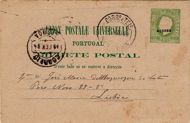 0440.jpg -     Lote:    440                   Descrição:         1883/85 &mdash; D. Luís I. Impressão em relevo. Inteiros do Continente com sobrecarga pequena "AÇORES". OM13, 30 reis verde, circulado de Ponta Delgada (31.01.94) para Lisboa (10.02.94). MB.        IC       Valor Base:     &euro; 8,00     Valor Venda:     &euro;      