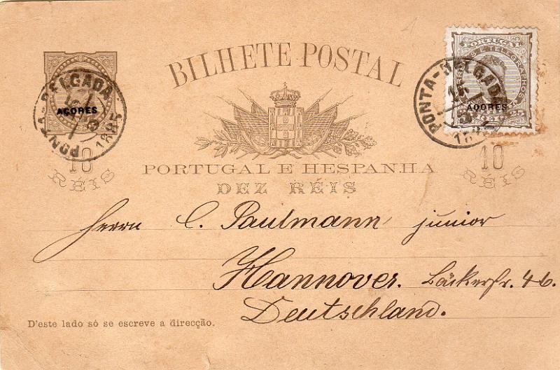 0441.jpg -     Lote:    441                   Descrição:         1884/87 &mdash; D. Luís I. De frente. Inteiros do Continente com sobrecarga "AÇORES". OM14, 10 reis castanho, circulado de Ponta Delgada (15.05.1885) para a Alemanha, com selo adicional de 25 reis tipo D. Carlos I, de frente CE49.        IC       Valor Base:     &euro; 12,00     Valor Venda:     &euro;      