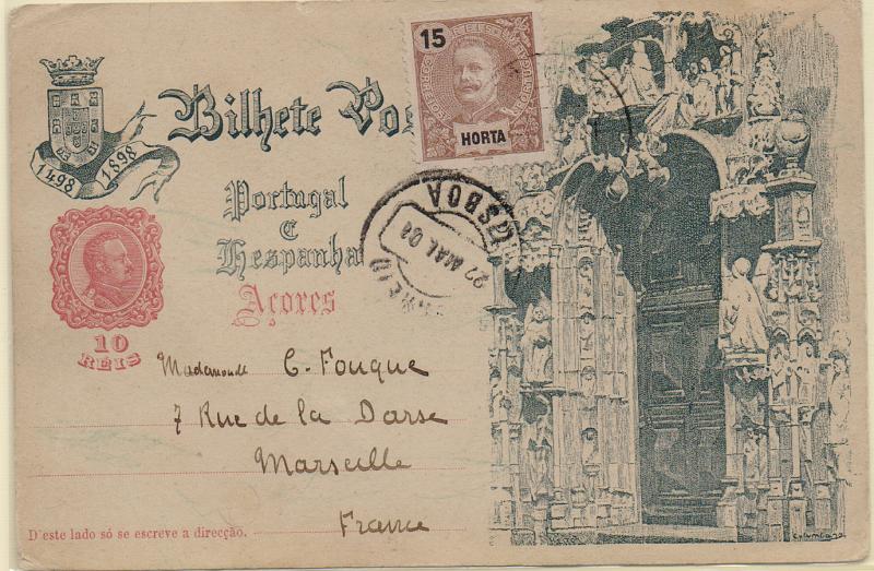 0443.jpg -     Lote:    443                   Descrição:         1898 &mdash; 4.º Centenário do Descobrimento do Caminho Marítimo para a Índia. OM20G, 10 reis. Circulado da Horta para Marselha, com trânsito por Lisboa (22.05.01) com selo adicional de 15 reis CE16 da Horta.        IC       Valor Base:     &euro; 12,00     Valor Venda:     &euro;      