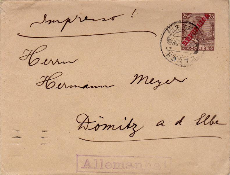 0445.jpg -     Lote:    445                   Descrição:         1911 &mdash; D. Manuel II, com sobrecarga REPUBLICA. OM9, 25 reis castanho. Circulado da Horta (23.02.12) para a Alemanha. Porte nacional utilizado para estrangeiro como porte de impresso, por ter circulado aberto. MR.        IC       Valor Base:     &euro; 20,00     Valor Venda:     &euro;      