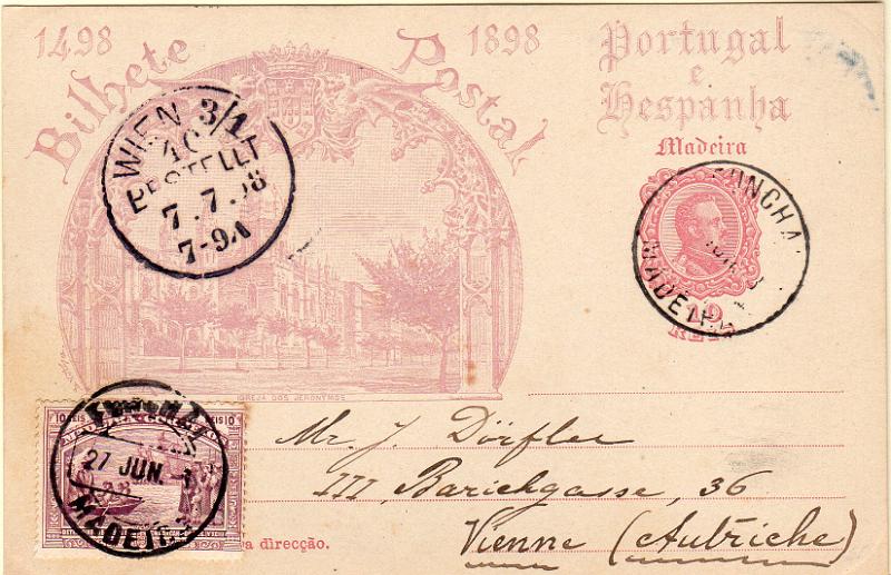 0447.jpg -     Lote:    447                   Descrição:         1898 &mdash; IV Centenário do Descobrimento do Caminho Marítimo para a Índia. OM8B (Igreja dos Jerónimos), 10 reis rosa. Circulado do Funchal (27.07.1898) para Viena (07.07.98) com selo adicional de10 reis do Centenário da Índia CE35.         IC       Valor Base:     &euro; 12,00     Valor Venda:     &euro;      