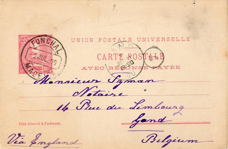 0448.jpg -     Lote:    448                   Descrição:         1899 &mdash; D. Carlos I Mouchon. OM15, 25+25 reis rosa carmim. Circulado do Funchal (02.07,00) para Gand / Bélgica (11.07.20).        IC       Valor Base:     &euro; 10,00     Valor Venda:     &euro;      