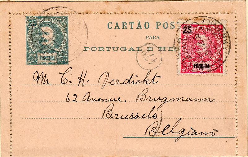 0449.jpg -     Lote:    449                   Descrição:         1897 &mdash; D. Carlos I Mouchon. Cartões-Postais. OM3, 25 reis verde sobre cartolina amarelo-laranja, circulado do Funchal (09.05.03) para a Bélgica (15.05.03) com selo adicional de 25 reis carmim CE28.        IC       Valor Base:     &euro; 12,00     Valor Venda:     &euro;      