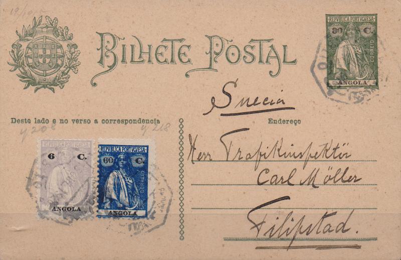 0450.jpg -     Lote:    450                   Descrição:         1926 &mdash; Ceres. OM19, 30c verde-escuro. Circulado do Lobito (15.07.26) para a Suécia, com selos adicionais de 6c e 60c CE203 e 208.        IC       Valor Base:     &euro; 20,00     Valor Venda:     &euro;      