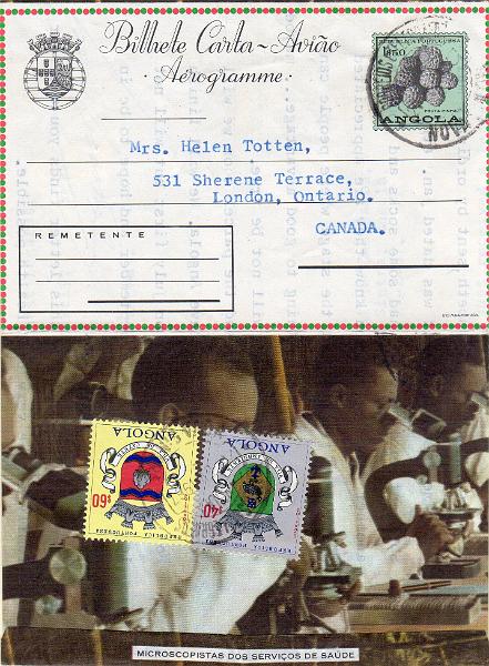 0451.jpg -     Lote:    451                   Descrição:         1965 &mdash; Frutos de Angola. Bilhetes-cartas de correio aéreo. OM37, 1$50 (Fruta pinha). Circulado de Nova Lisboa (21.02.67) para o Canadá, com selos adicionais tipo Brasões de $40 e $60 CE460/61.        IC       Valor Base:     &euro; 12,00     Valor Venda:     &euro;      