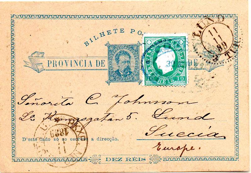 0452.jpg -     Lote:    452                   Descrição:         1885 &mdash; D. Luís I. OM1, 10 reis azul sobre cartolina camurça. Circulado de S. Vicente (28.10.89) para a Suécia (11.11.89) com selo adicional de 10 reis da emissão de D. Luís I CE16, denteado 13 &frac12;.        IC       Valor Base:     &euro; 50,00     Valor Venda:     &euro;      