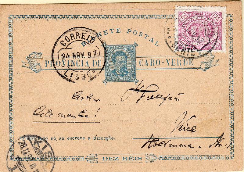0453.jpg -     Lote:    453                   Descrição:         1885 - D. Luís I. OM1, 10 reis azul. Circulado de S. Vicente (10.11.97) para a Alemanha (28.11.97) com trânsito por Lisboa, com selos adicional de 10 reis tipo D. Carlos I, Diogo Neto CE26.        IC       Valor Base:     &euro; 50,00     Valor Venda:     &euro;      