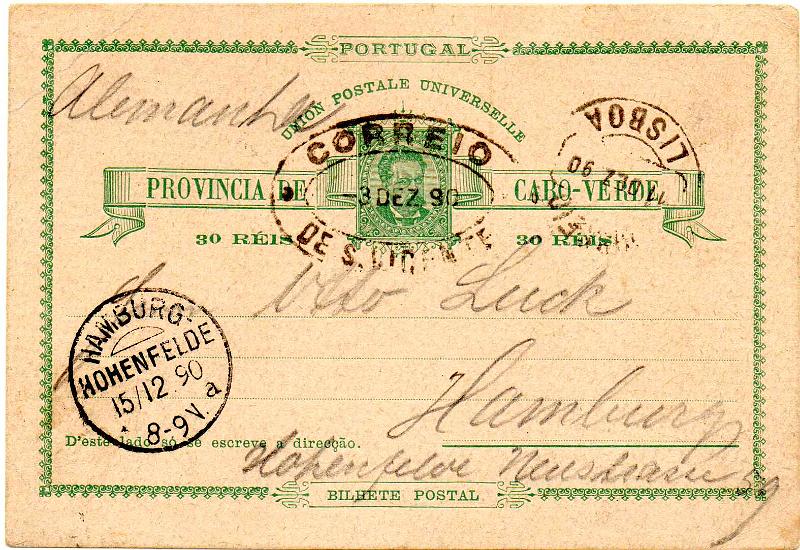 0455.jpg -     Lote:    455                   Descrição:         1885 &mdash; D. Luís I. OM3, 30 reis verde sobre cartolina camurça. Circulado de S. Vicente (03.12.90) para  Hamburgo (15.12.90).        IC       Valor Base:     &euro; 15,00     Valor Venda:     &euro;      