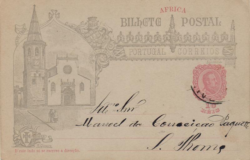 0456.jpg -     Lote:    456                   Descrição:         1898 &mdash; 4.º Centenário do Descobrimento do Caminho Marítimo para a Índia. Emissão para África. OM1A, 10 reis rosa carmim. Circulado da Praia (15.05.98) para S. Tomé. Rara circulação.        IC       Valor Base:     &euro; 20,00     Valor Venda:     &euro;      
