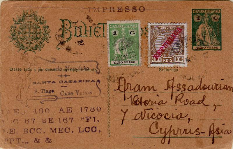 0457.jpg -     Lote:    457                   Descrição:         1914 &mdash; Ceres. OM14, 1C verde sobre cartolina camurça escura. Circulado de Santa Catarina (20.11.22) para o Chipre, com selos adicionais de 100 reis CE108 e 1C CE139. Raro destino.        IC       Valor Base:     &euro; 60,00     Valor Venda:     &euro;      