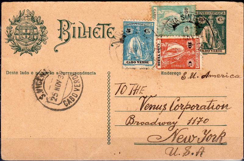0458.jpg -     Lote:    458                   Descrição:         1926 &mdash; Ceres. OM19, 30C verde-escuro. Circulado de Nova Sintra (24.11.39) para os EUA, com trânsito por S. Vicente (25.11.39), com selos adicionais tipo Ceres de 5C, 10C e 40C CE143, 146 e 178.        IC       Valor Base:     &euro; 15,00     Valor Venda:     &euro;      