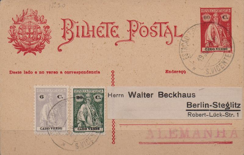 0459.jpg -     Lote:    459                   Descrição:         1926 &mdash; Ceres. OM20, 60C carmim escuro. Circulado de S. Vicente (19.07.26) para a Alemanha, com selos adicionais tipo Ceres de 6C lilás e 60C verde. B e R.        IC       Valor Base:     &euro; 20,00     Valor Venda:     &euro;      