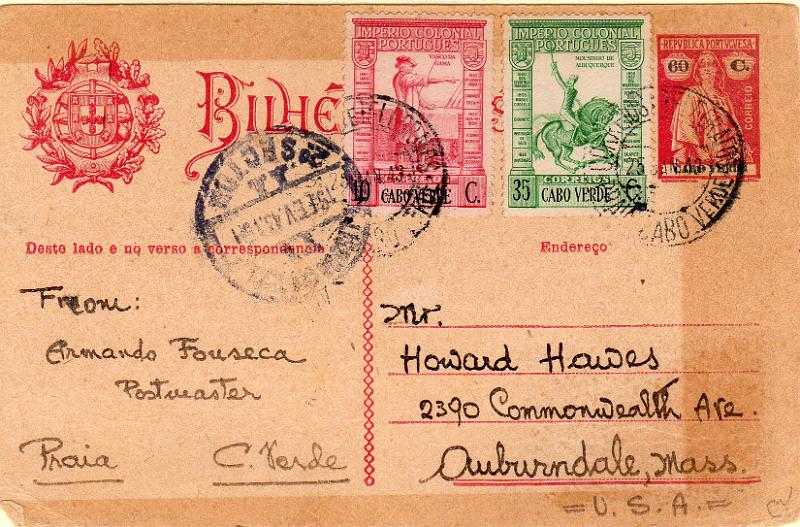 0460.jpg -     Lote:    460                   Descrição:         1926 &mdash; Ceres. OM20, 60C carmim. Circulado da Praia (25.01.43) para os EUA, com trânsito por Lisboa (15.02.43) com selos adicionais do Império Colonial de 10 e 35C CE220 e 224.        IC       Valor Base:     &euro; 24,00     Valor Venda:     &euro;      