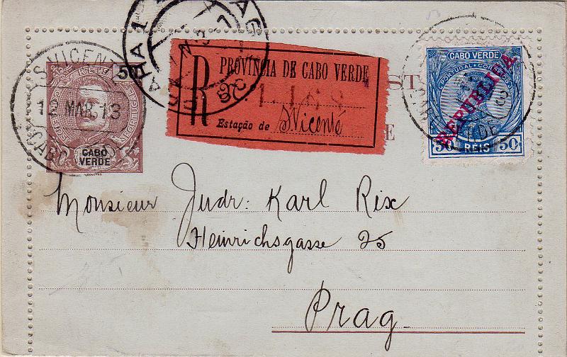 0461.jpg -     Lote:    461                   Descrição:         1903/05 &mdash; D. Carlos I Mouchon. Bilhetes-Cartas. OM2, 50 reis castanho. Circulado registado de S. Vicente (12.03.13) para Praga (01.04.13), com trânsito por Lisboa (27.03.13) com selo adicional tipo D. Manuel II de 50 reis CE106.        IC       Valor Base:     &euro; 45,00     Valor Venda:     &euro;      