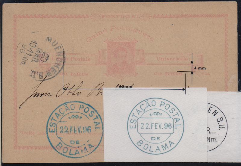 0462.jpg -     Lote:    462                   Descrição:         1885 &mdash; D. Luís I. OM2, 20 reis rosa. Circulado de Bolama (22.02.96) para Munique (23.03.96). Acompanha desenhos dos carimbos.        IC       Valor Base:     &euro; 15,00     Valor Venda:     &euro;      