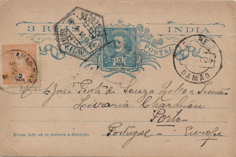 0468.jpg -     Lote:    468                   Descrição:         1903 &mdash; D. Carlos I Mouchon. OM11, 3 reis azul, circulado com selo adicional CE187 de Damão-Praça (30.10.08) para Lisboa (15.11.08) com trânsito por Damão. B. Carimbo batido a preto "DAMÃO-PRAÇA / 30 OC /8".        IC       Valor Base:     &euro; 25,00     Valor Venda:     &euro;      