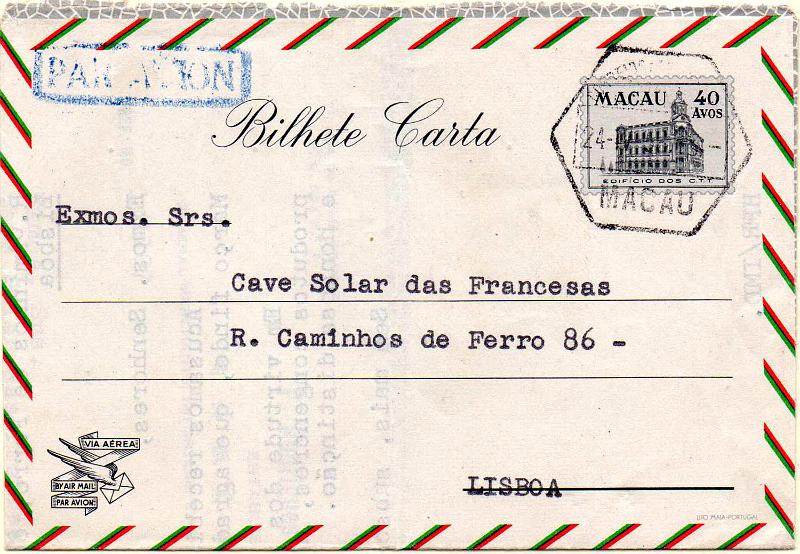 0470.jpg -     Lote:    470                   Descrição:         1953 &mdash; Edifício dos CTT. Bilhetes-cartas do correio aéreo. OM3, 40 avos, preto e cinzento, Circulado de Macau (24.04.56) para Lisboa. Repicado por: F. RODRIGUES (SUC.RES) LDA.        IC       Valor Base:     &euro; 12,00     Valor Venda:     &euro;      