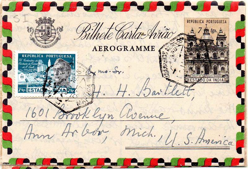 0471.jpg -     Lote:    471                   Descrição:         1948 &mdash; Bilhete Carta * Avião. Igreja de Calengute / Bradez. OM4. Lote composto por inteiro circulado de Mapuça (01.10.58) para os EUA com selo adicional de 2/ CE437 + inteiro igual em estado de novo.        IC       Valor Base:     &euro; 15,00     Valor Venda:     &euro;      