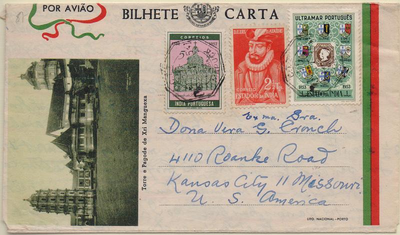 0472.jpg -     Lote:    472                   Descrição:         1946 &mdash; Motivos locais. Sem selo impresso. Título "BILHETE-CARTA". OM IE &mdash; Torre e pagode de Xri Manguexa em verde-negro. Circulado de Mapuça (07.10.54) para os EUA com selos de 1Tg CE434, 2 &frac12; Tgs CE387 e 5Tgs CE428. MB.        IC       Valor Base:     &euro; 12,00     Valor Venda:     &euro;      