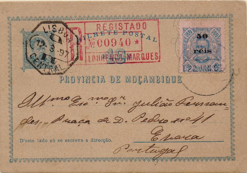 0475.jpg -     Lote:    475                   Descrição:         1885 &mdash; D. Luís I. OM1, 10 reis azul sobre cartolina camurça, circulado registado de Lourenço Marques (12.01.97) para Évora com trânsito por Lisboa (12.03.97) com selo adicional de 50 s/ 300 reis CE31. MB e MR.        IC       Valor Base:     &euro; 50,00     Valor Venda:     &euro;      