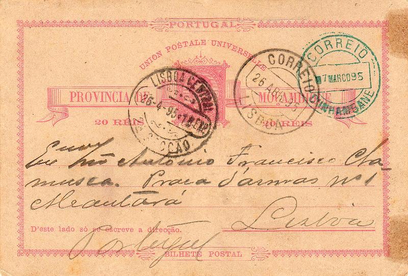 0477.jpg -     Lote:    477                   Descrição:         1885 &mdash; D. Luís I. OM2, 20 reis rosa. Circulado de Inhambane (07.03.95) para Lisboa (26.04.95). Magnífica marca batida a verde-azul "CORREIO / 7 MARCO 95 / INHAMBANE".        IC       Valor Base:     &euro; 10,00     Valor Venda:     &euro;      