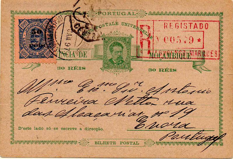 0479.jpg -     Lote:    479                   Descrição:         1885 &mdash; D. Luís I. OM3, 30 reis verde sobre cartolina camurça, circulado registado de Lourenço Marques (09.01.97) para Évora, com trânsito por Lisboa (12.03.97) com selo adicional de 50 s/ 300 reis CE31. MB e MR.        IC       Valor Base:     &euro; 40,00     Valor Venda:     &euro;      