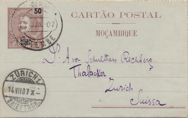 0481.jpg -     Lote:    481                   Descrição:         1903/05 &mdash; D. Carlos I Mouchon. Bilhetes-Cartas. OM2, 50 reis castanho. Circulado de Catembe (12.06.07) para Zurique (14.07.07). Carimbo batido a preto de "CATEMBE".        IC       Valor Base:     &euro; 20,00     Valor Venda:     &euro;      
