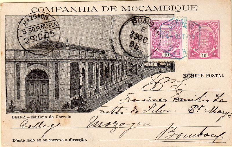 0484.jpg -     Lote:    484                   Descrição:         1904 &mdash; Tipo Elefantes com gravuras. OM9D (Beira &mdash; Edifício do Correio), 10 reis rosa lilás circulado com selo adicional de 10 reis tipo Elefantes, da Beira (04.10.05) para Mazgaon (29.10.05) com trânsito por Bombaim (29.10.05).        IC       Valor Base:     &euro; 20,00     Valor Venda:     &euro;      
