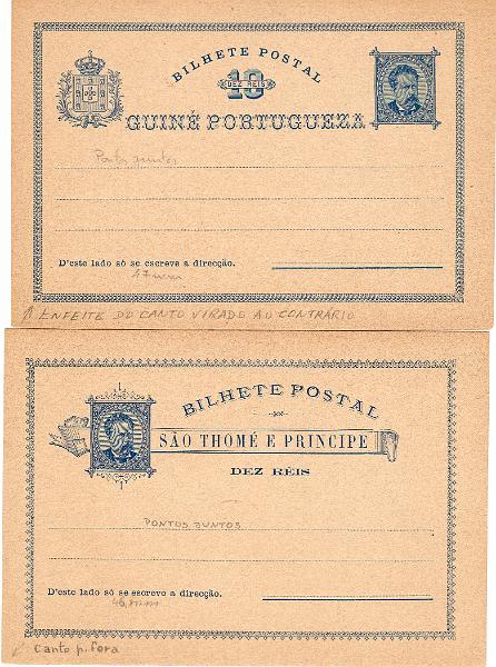 0487.jpg -     Lote:    487                   Descrição:         1885 &mdash; D. Luís I. OM1, 10 reis azul sobre cartolina camurça. Lote de dois inteiros: um com o "florão" no canto inferior esquerdo em posição normal, e outro com o "florão" invertido.        IN       Valor Base:     &euro; 20,00     Valor Venda:     &euro;      