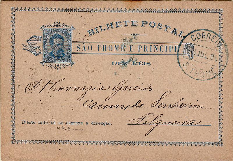 0488.jpg -     Lote:    488                   Descrição:         1885 &mdash; D. Luís I. OM1, 10 reis azul sobre cartolina camurça. Variedade "com ponto" depois de "direcção". Circulado de S. Tomé (06.07.96) para Lisboa (23.07.96).        IC       Valor Base:     &euro; 10,00     Valor Venda:     &euro;      