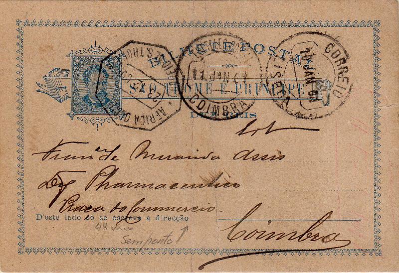 0489.jpg -     Lote:    489                   Descrição:         1885 &mdash; D. Luís I. OM1, 10 reis azul sobre cartolina camurça. Variedade "sem ponto" depois de "direcção". Circulado de S. Tomé (23.12,00) para Coimbra (11.01.01) com trânsito por Lisboa (10.01.01).        IC       Valor Base:     &euro; 15,00     Valor Venda:     &euro;      