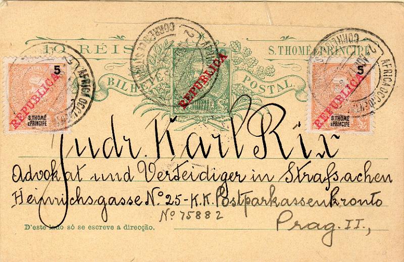 0490.jpg -     Lote:    490                   Descrição:         1911 &mdash; D. Carlos I com sobrecarga REPUBLICA da Casa da Moeda. OM10, 10 reis verde, circulado de S. Tomé (02.08.12) para Praga (23.08.12) com dois selos adicionais de 5 reis CE97.        IC       Valor Base:     &euro; 45,00     Valor Venda:     &euro;      